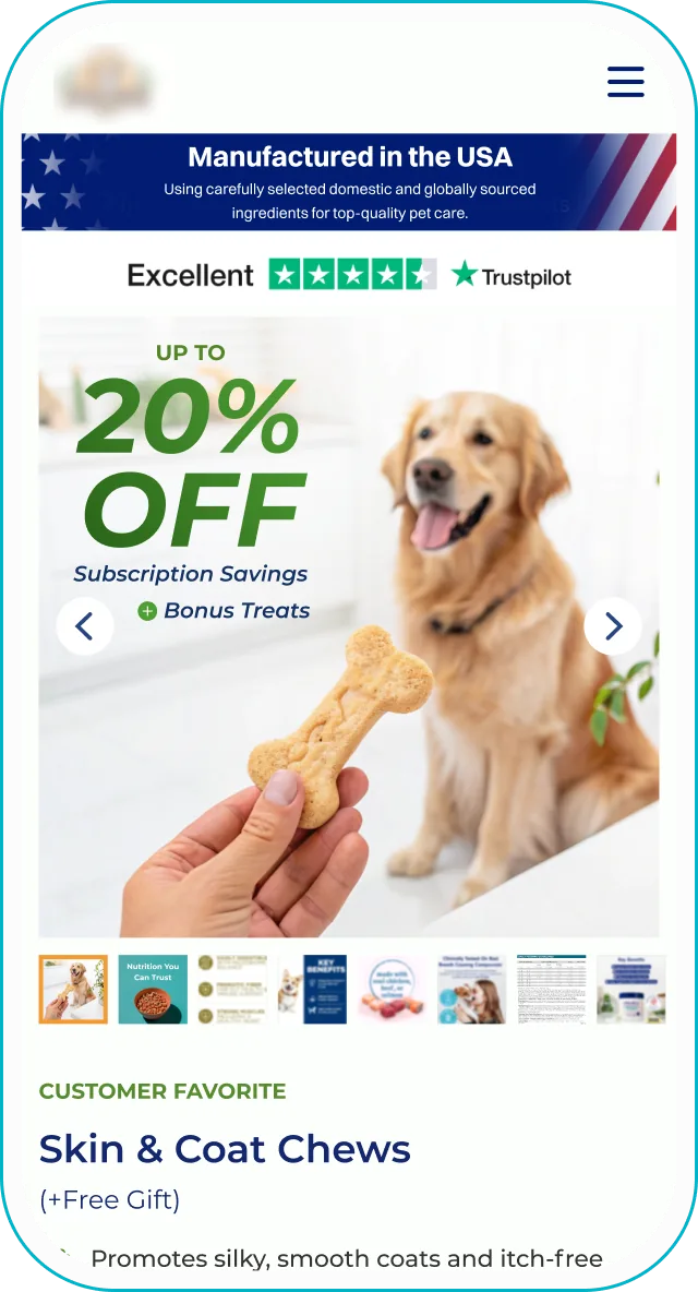 Landing page design: dog skin and coat chews with subscription savings