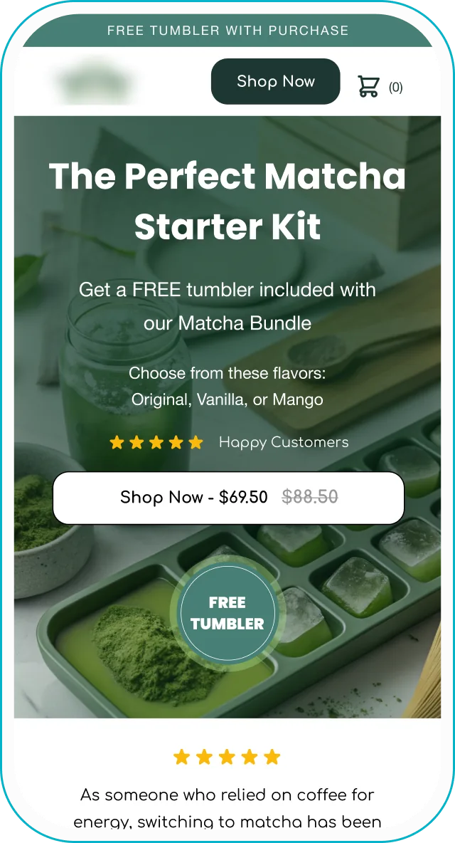 Landing page design: matcha starter kit with a free tumbler offer