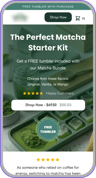 Landing page design: matcha starter kit with a free tumbler offer