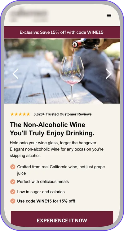 Landing page design: non-alcoholic wine