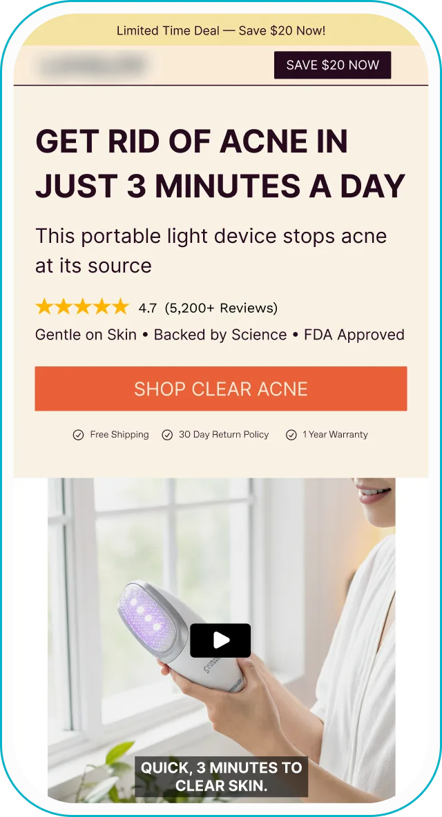 Landing page design: acne light therapy device
