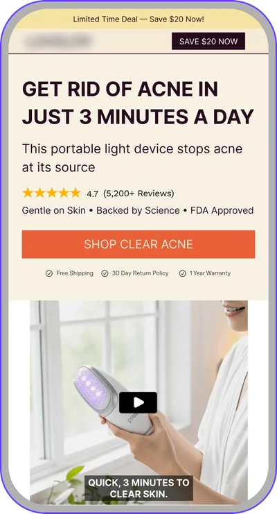 Landing page design: acne light therapy device