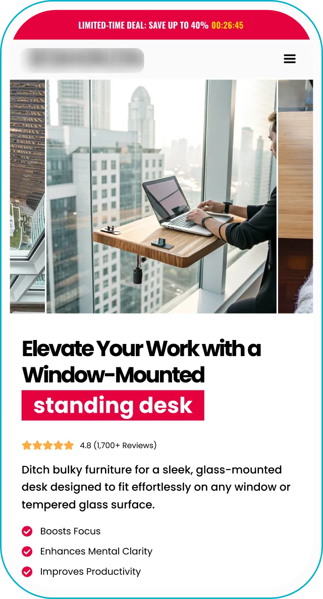 Landing page design: window-mounted standing desk