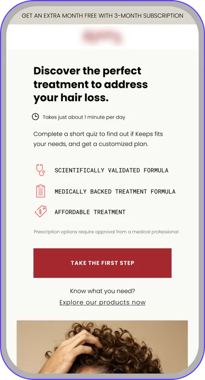 Landing page design: hair loss treatment quiz