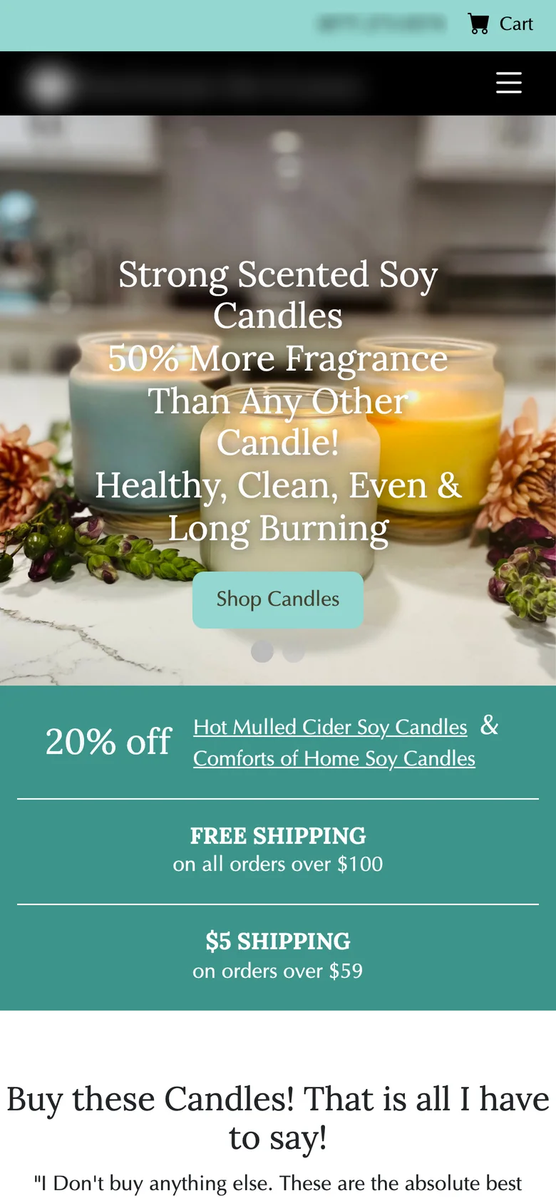 Before: a candle homepage with claims over a photo slider