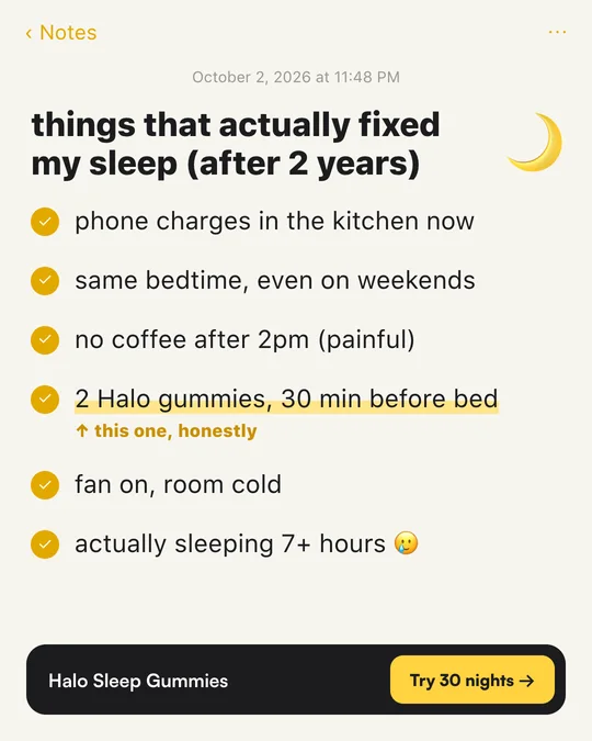 Notes-app ad for Halo sleep gummies