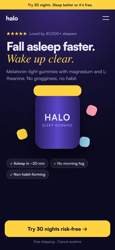 Mobile landing page for Halo sleep gummies