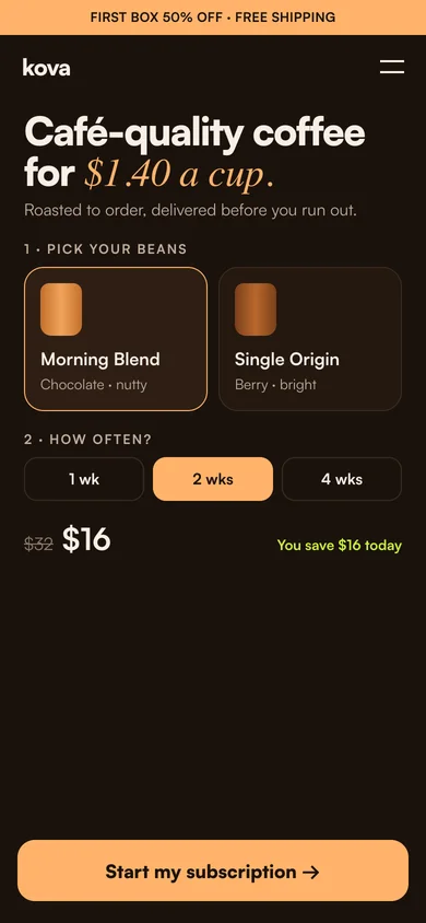 Mobile landing page for Kova coffee subscription