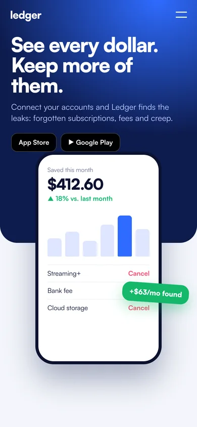 Mobile landing page for Ledger budgeting app