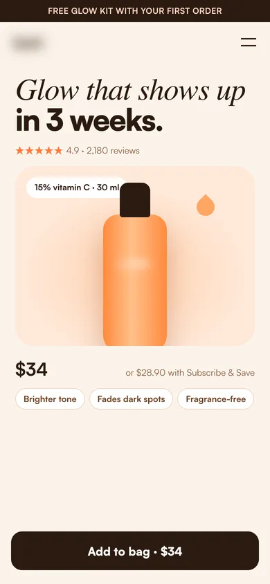 Mobile landing page for a vitamin C serum brand