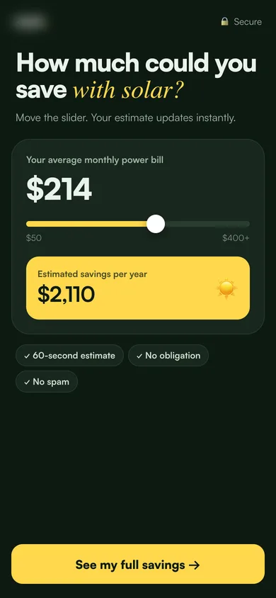 Mobile landing page for a solar quotes brand