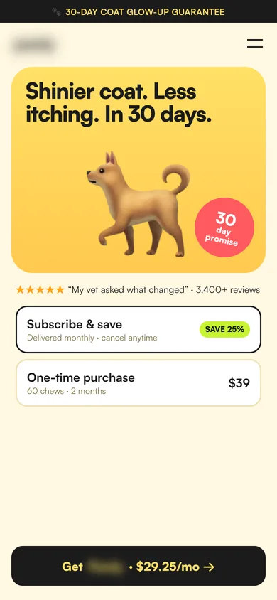 Mobile landing page for a pet chews brand