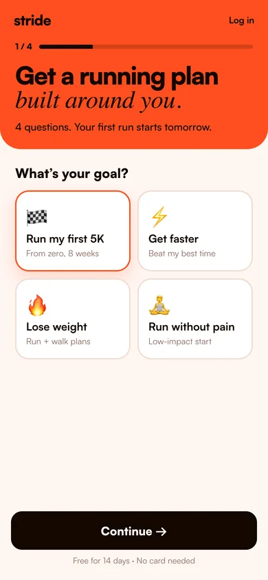 Mobile landing page for Stride running app