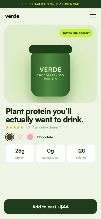 Mobile landing page for Verde plant protein