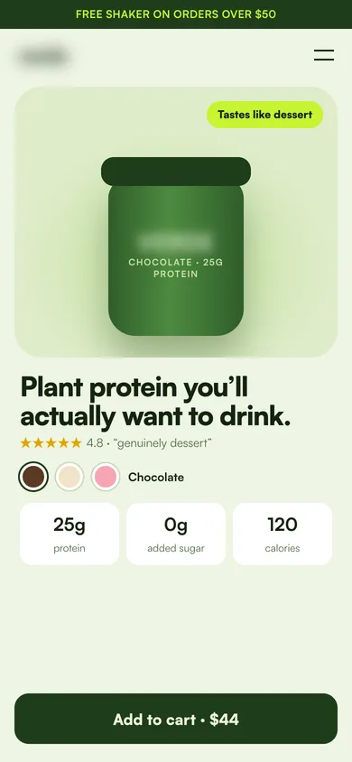 Mobile landing page for a plant protein brand